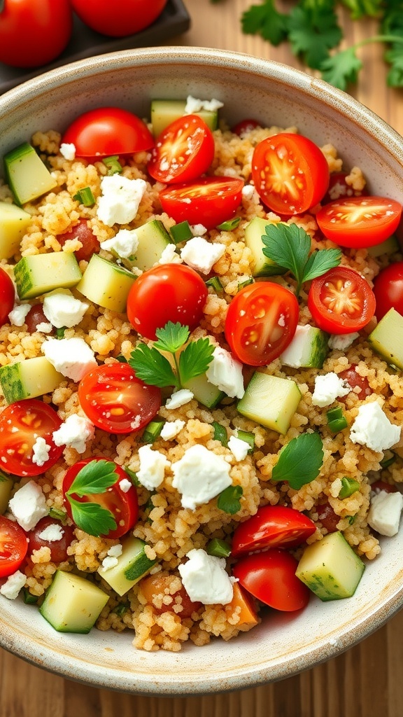 Mediterranean Quinoa Salad Recipe A colorful Mediterranean quinoa salad with cucumbers, tomatoes, feta cheese, and parsley in a rustic bowl.